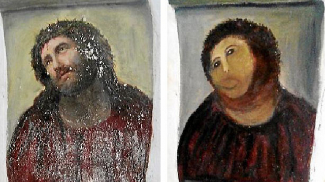 Photo of original and ruined Ecce Homo painting