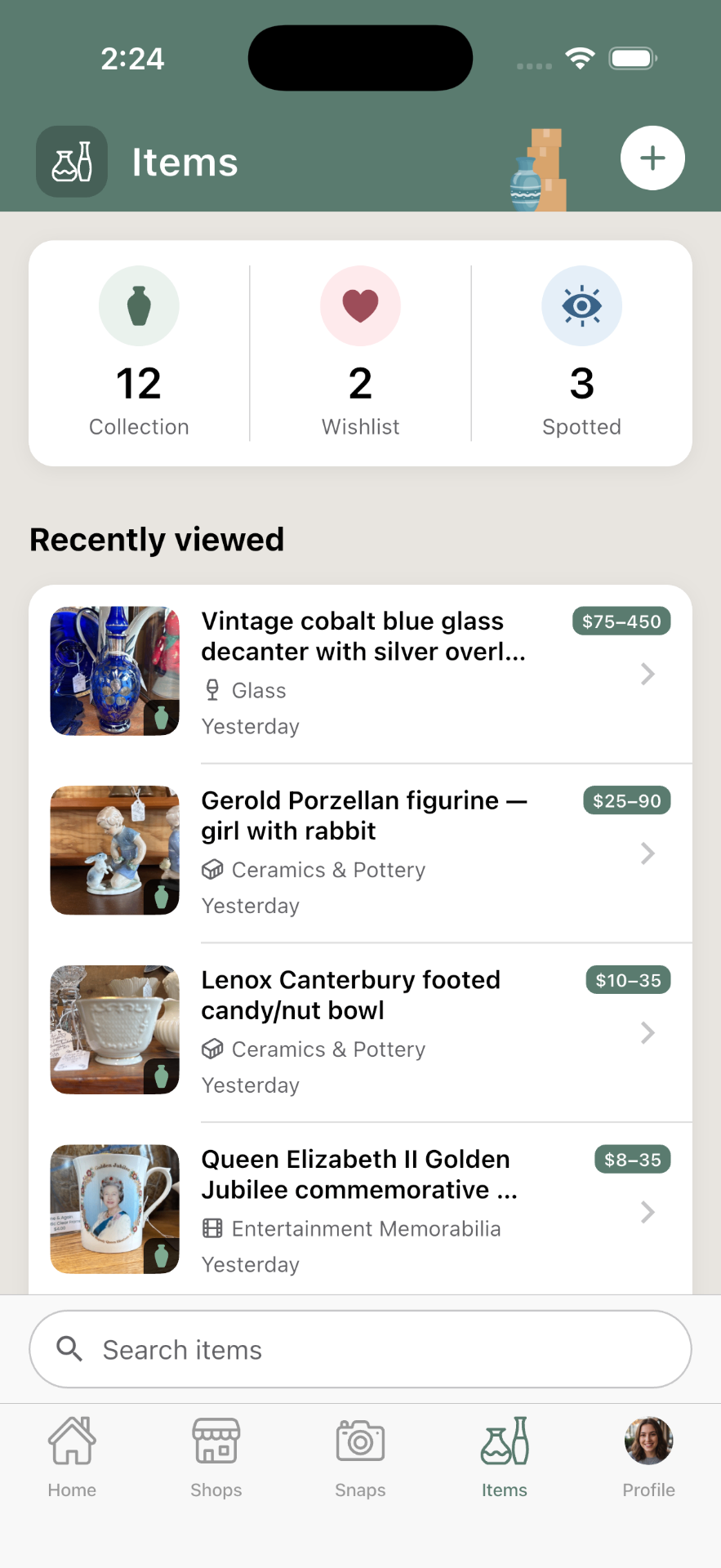 Trésora Items collection screen with recently viewed items