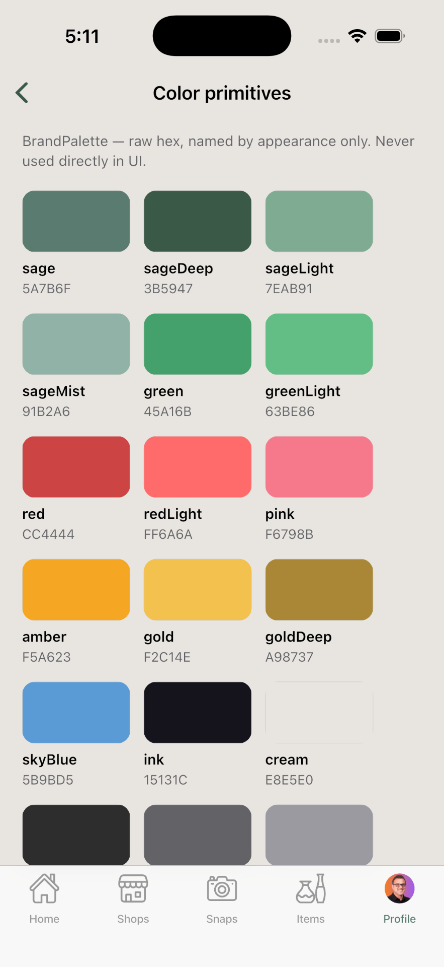 Trésora design system color primitives — sage, green, red, gold, ink, and cream tokens