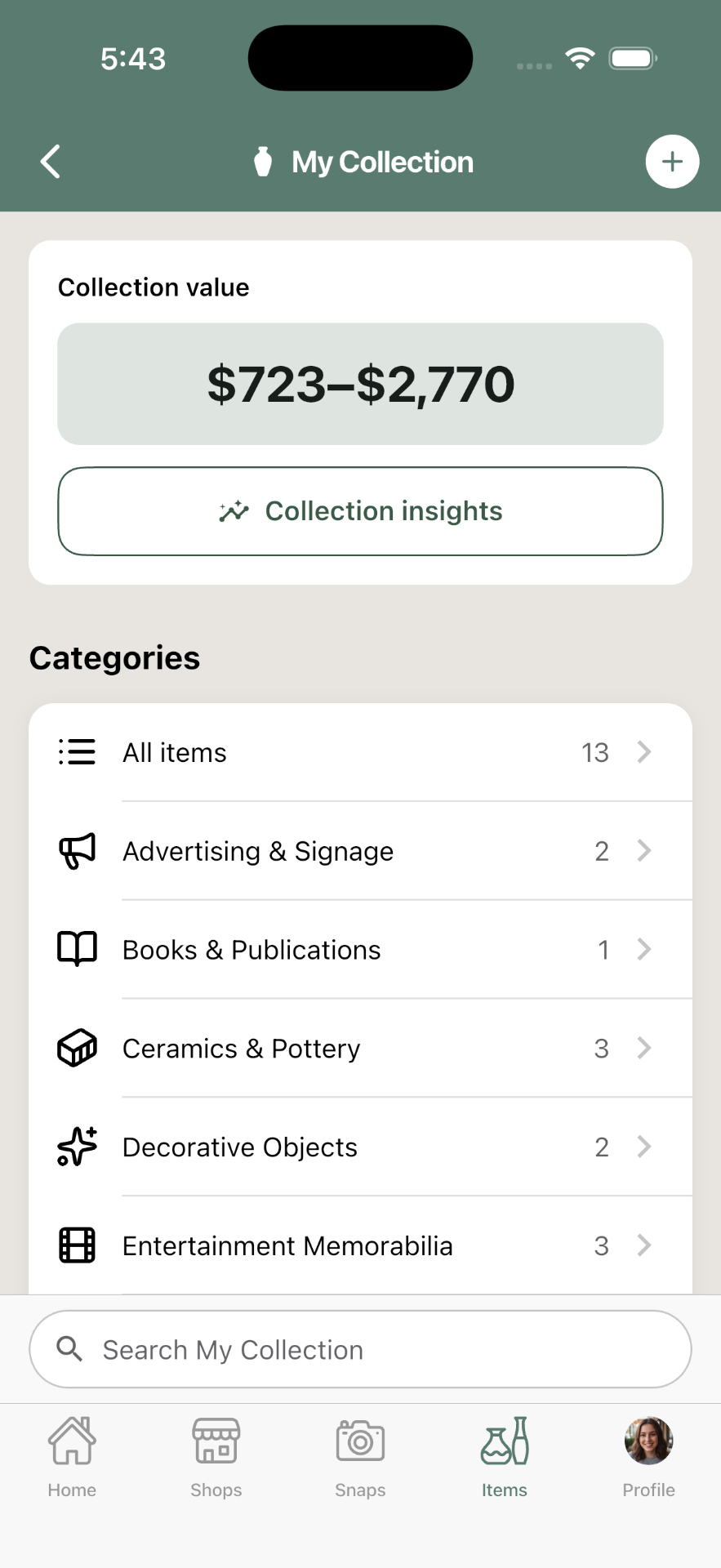 Trésora My Collection screen with total value and category list