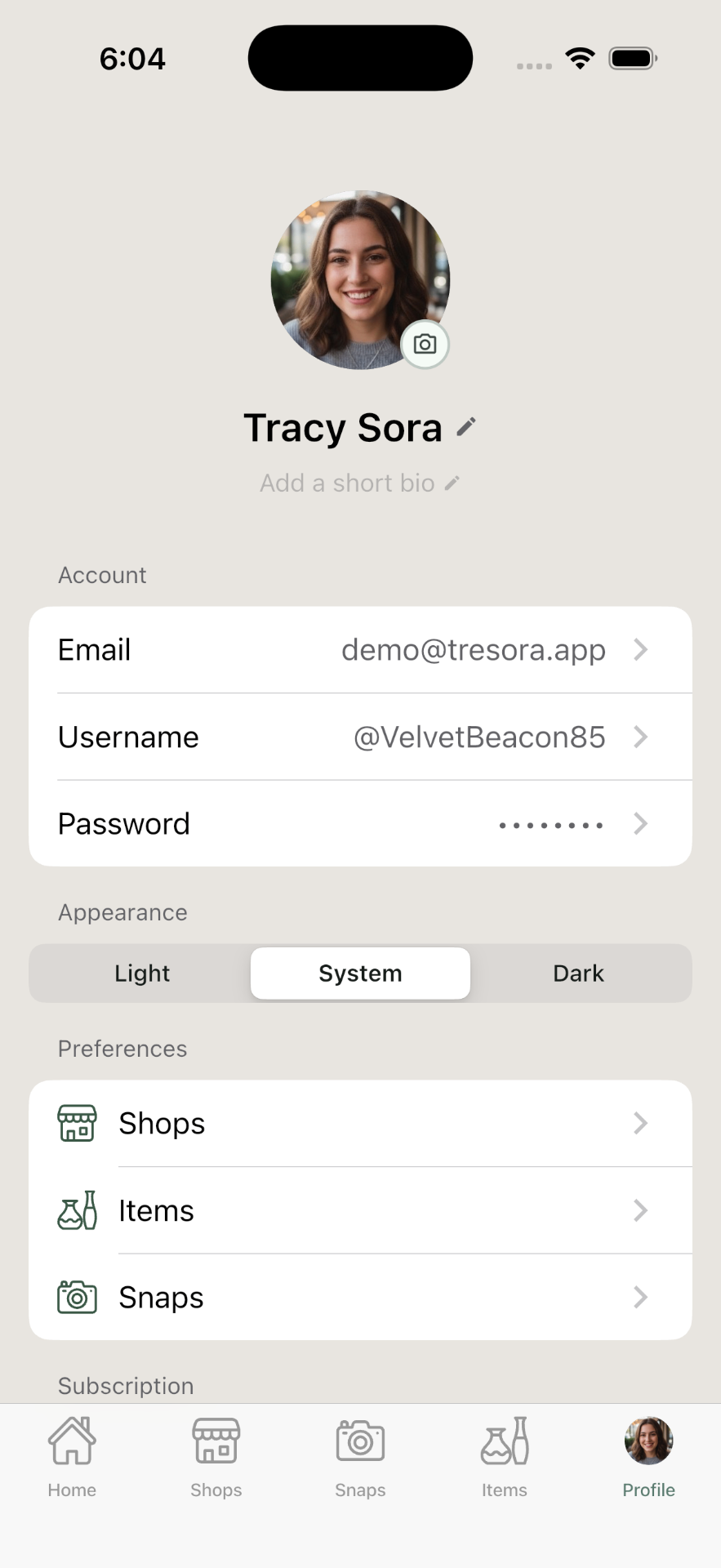 Trésora Profile screen rendered natively on iPhone with iOS-style grouped list and segmented control