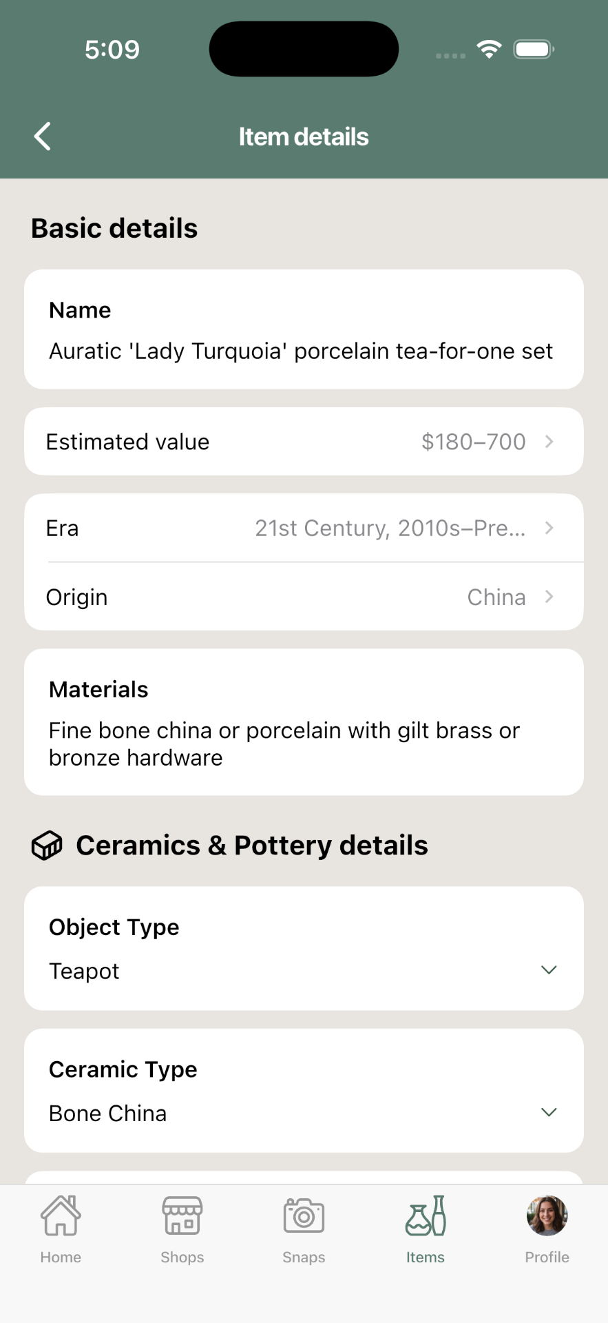 Trésora item details screen with basic details and ceramics & pottery attributes