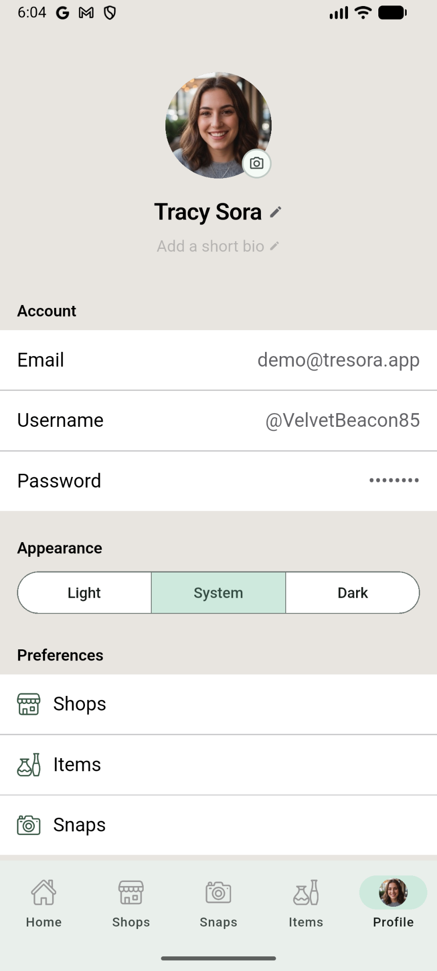 Trésora Profile screen rendered natively on Android with Material-style list and pill segmented control