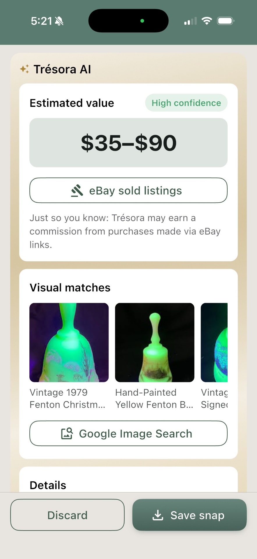 Trésora AI card with estimated value range and eBay sold listings
