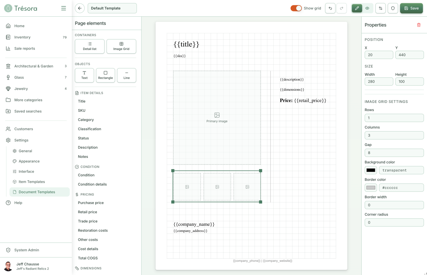 Trésora v1 web app custom PDF flyer template editor
