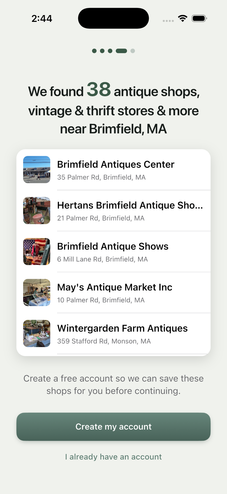 Trésora pre-sign-up reveal showing 38 real antique shops near Brimfield, MA
