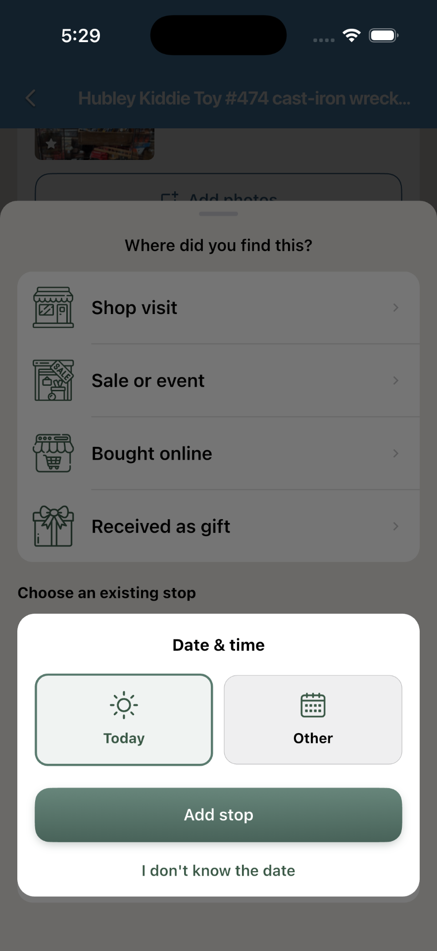 Date & time sheet with Today / Other and an Add stop button