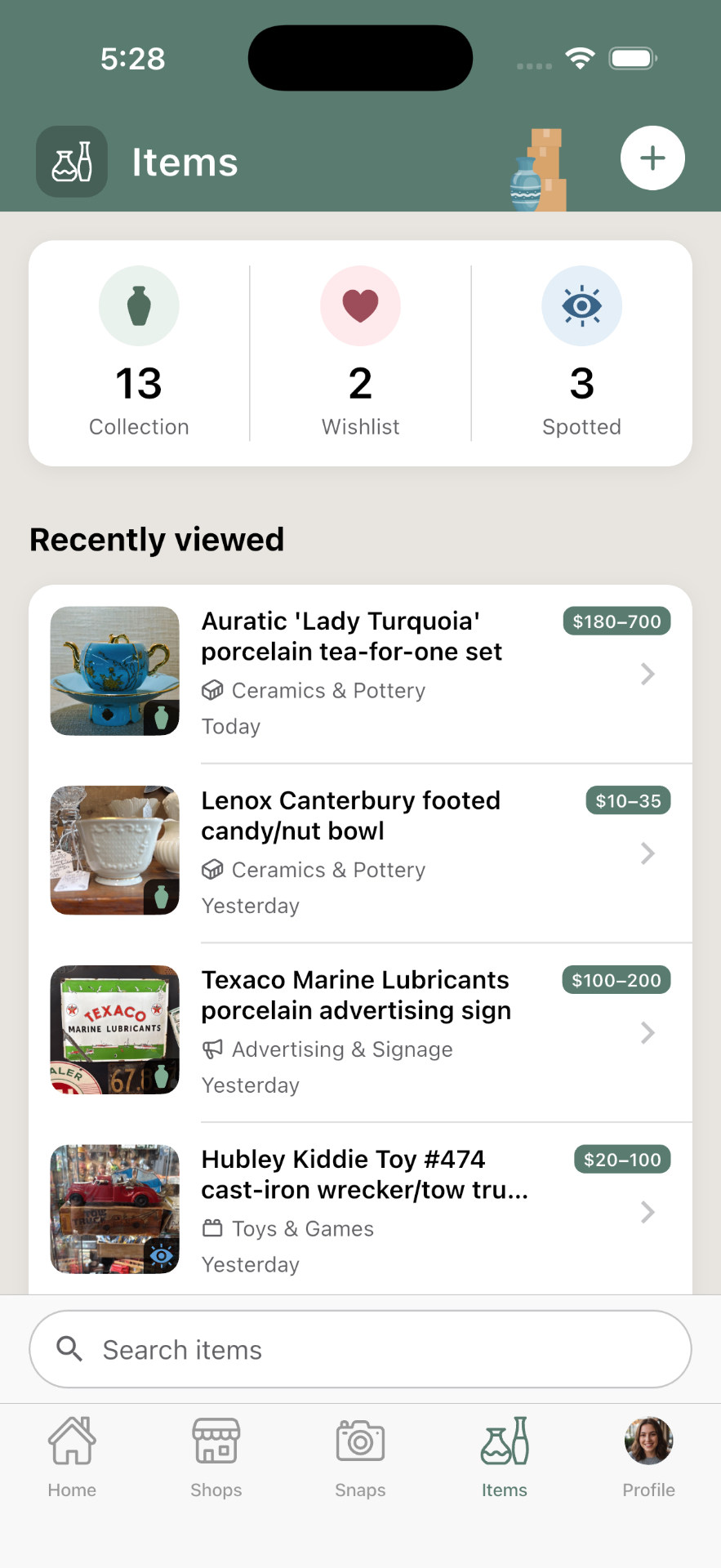 Trésora Items screen — collection, wishlist, and spotted counts above a recently viewed list