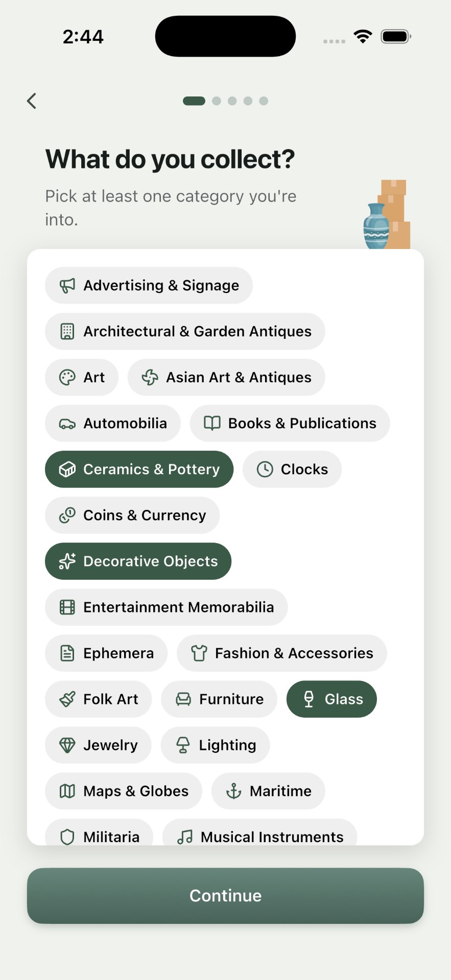 Trésora onboarding category picker asking what the user collects