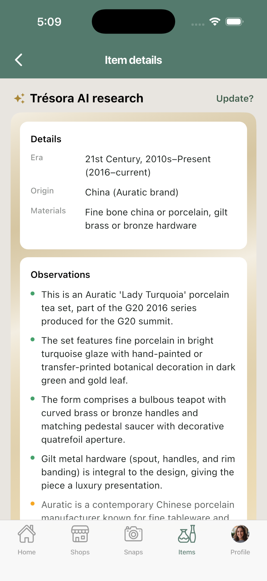 Trésora AI research screen with details and observations about the item