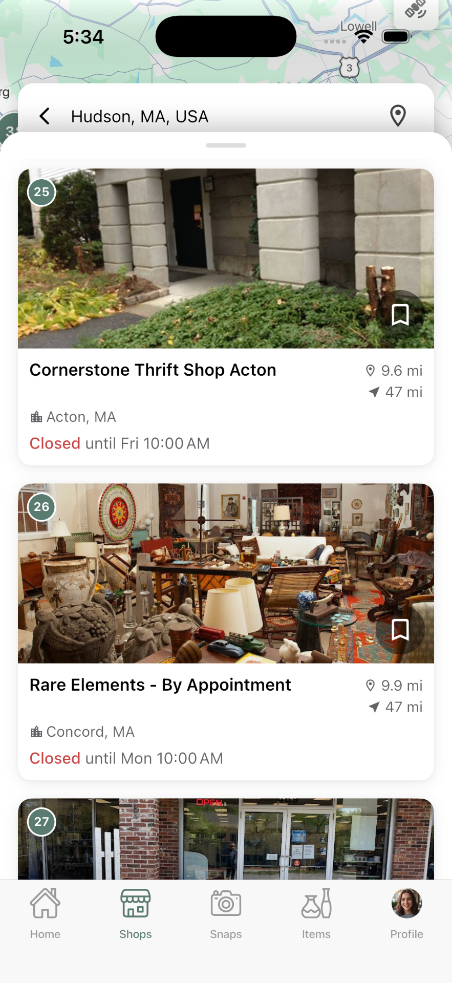 Trésora Discover view — shop cards near Hudson, MA with distance and hours