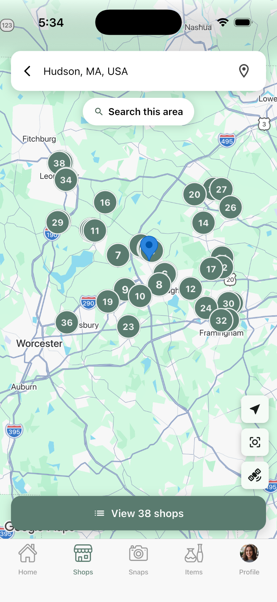 Trésora map view with numbered shop markers across central Massachusetts