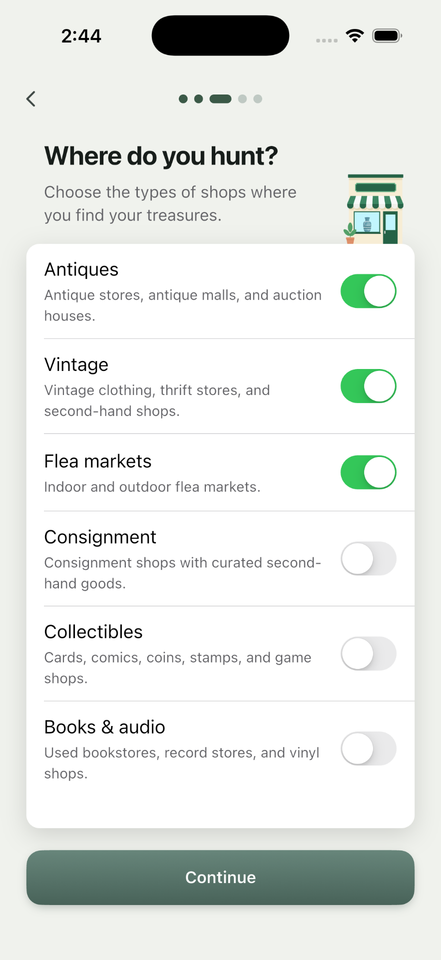 Trésora onboarding shop-type picker asking where the user hunts