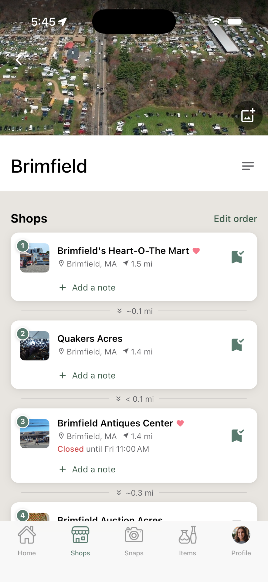 Trésora Brimfield guide detail with hero photo and ordered shop list