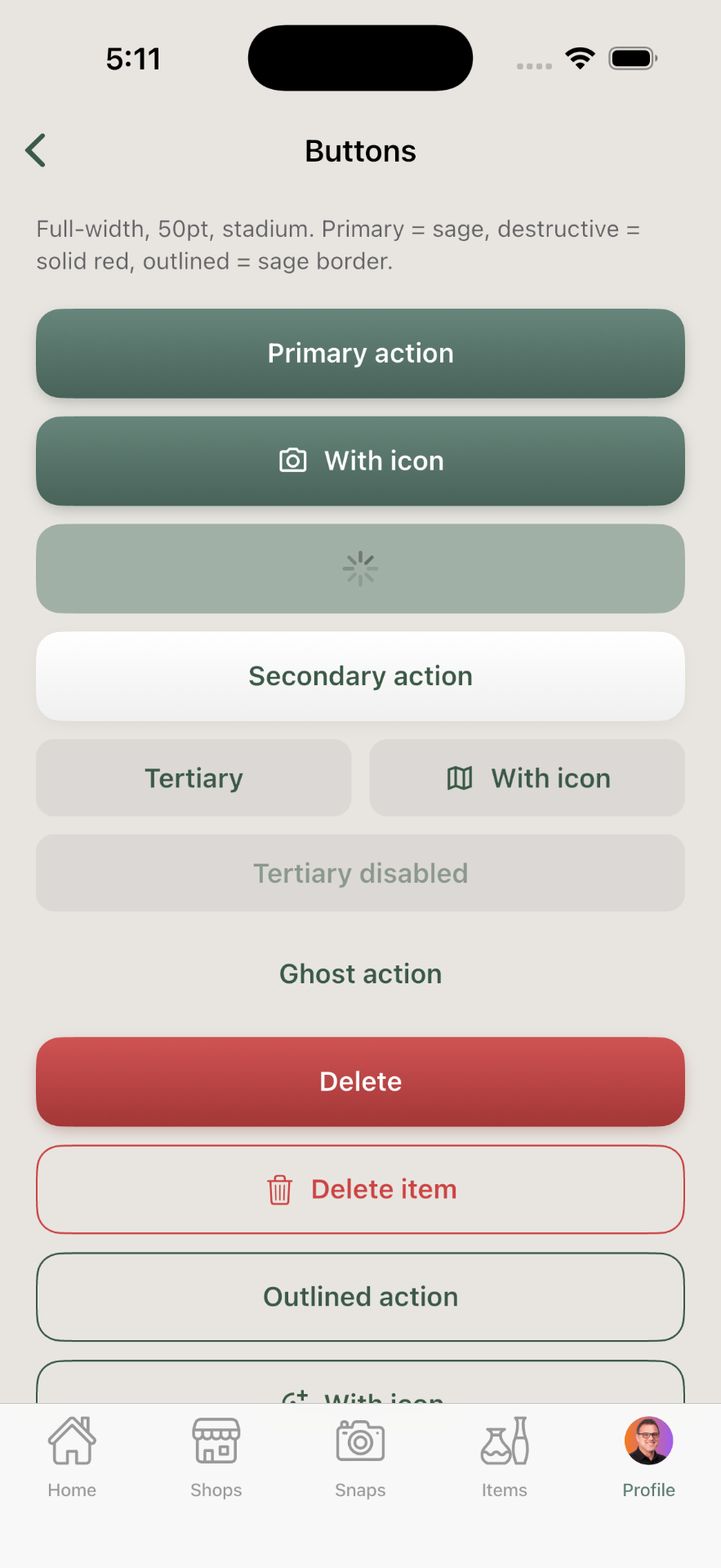 Trésora design system button specimens — primary, secondary, tertiary, destructive, and outlined variants