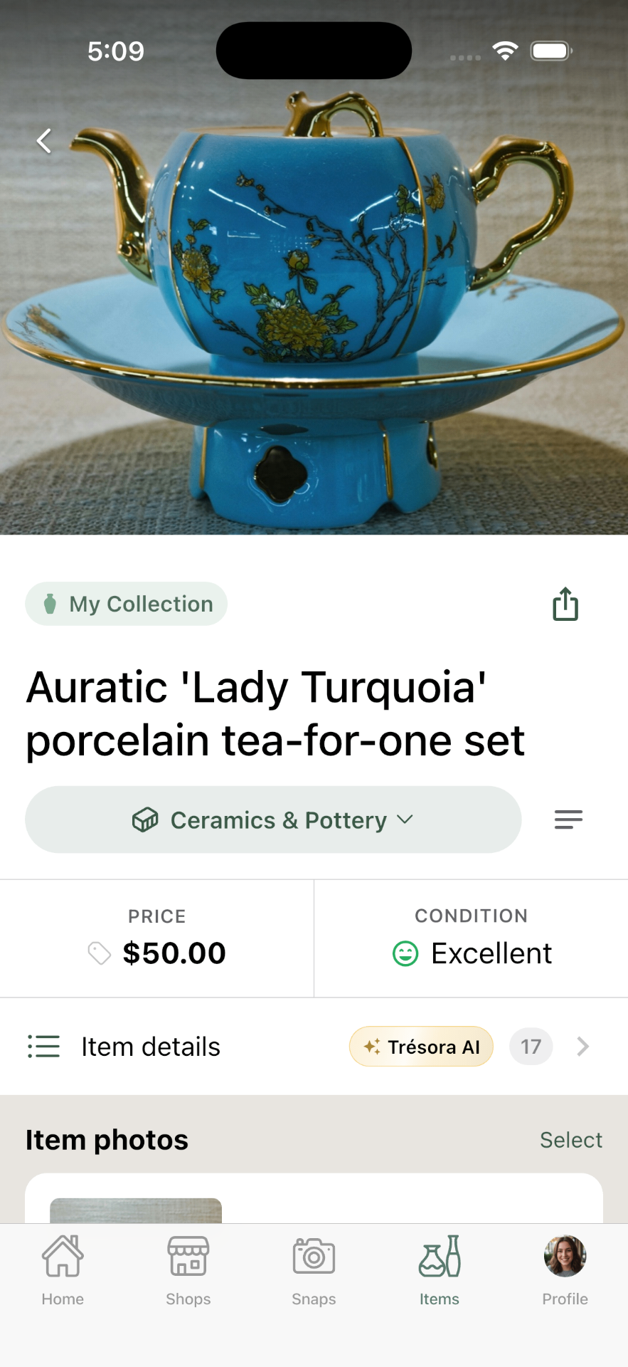 Trésora item detail screen showing an Auratic porcelain tea-for-one set with price and condition