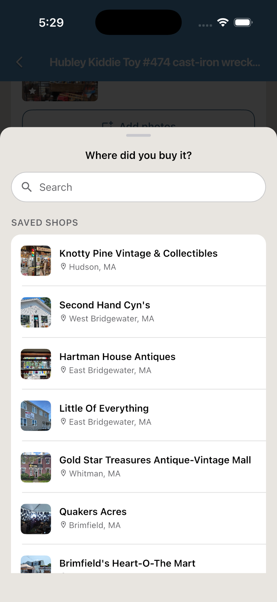 Where did you buy it? sheet with a searchable list of saved shops