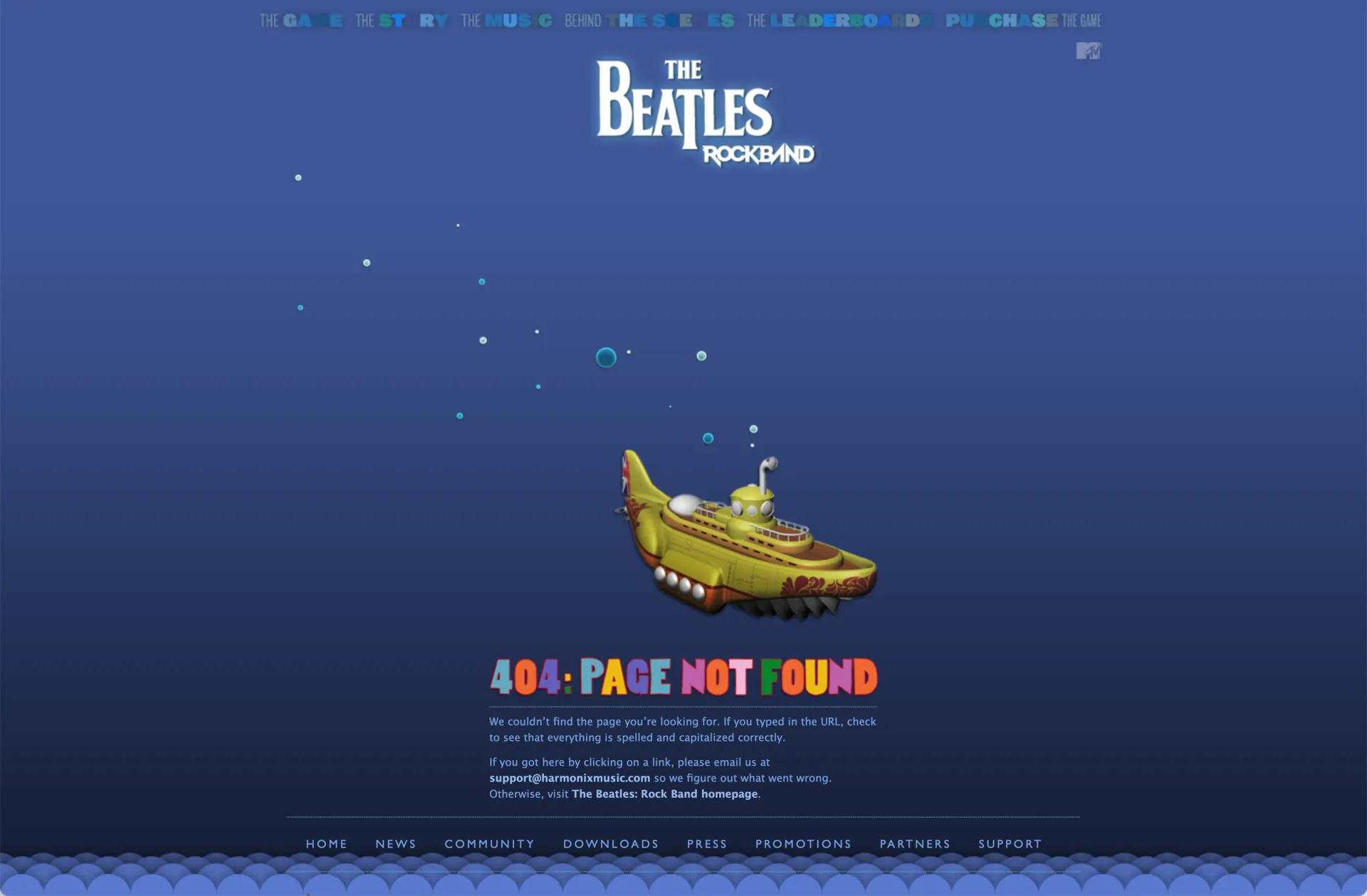 The Beatles Rock Band 404 page with Yellow Submarine