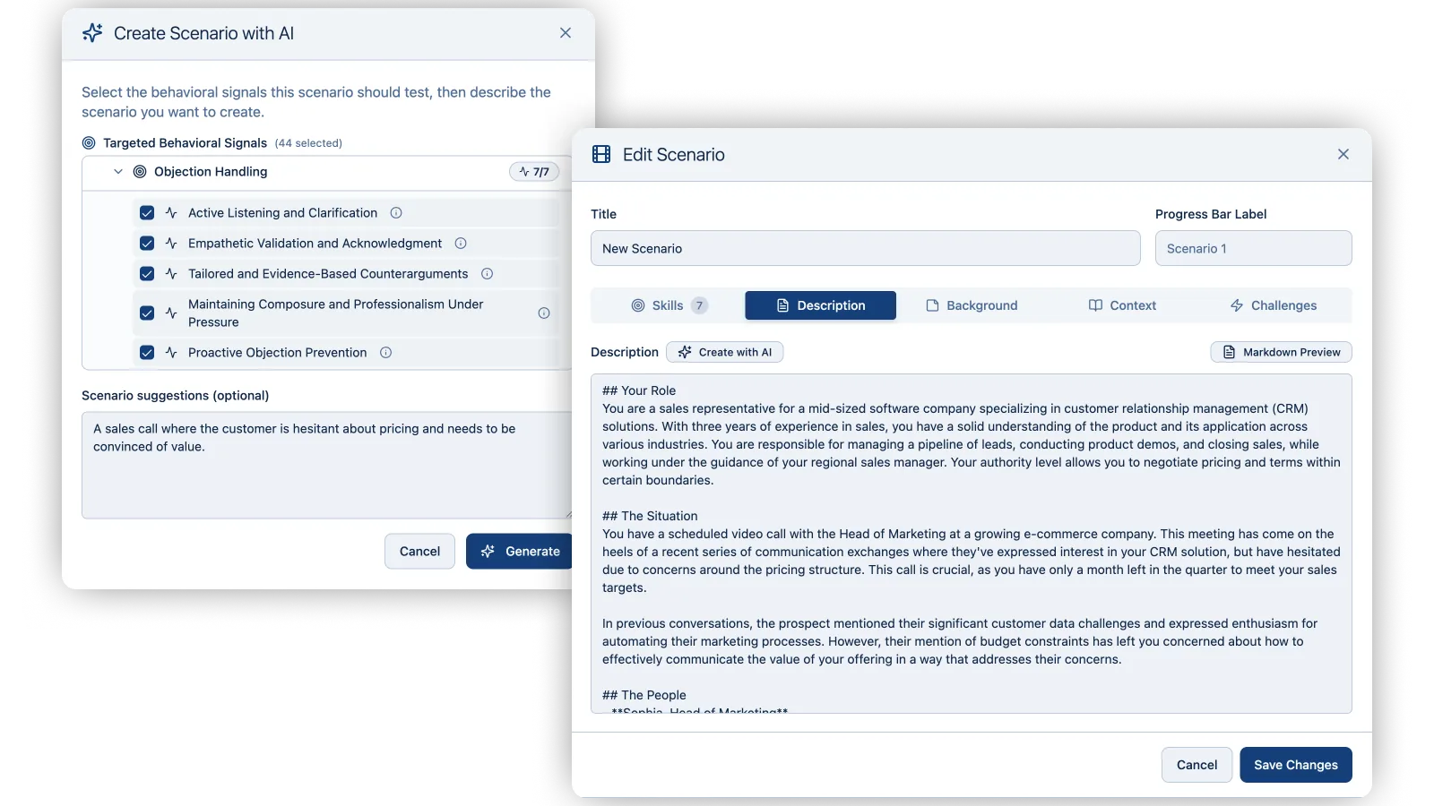 Create Scenario with AI modal alongside the Edit Scenario editor