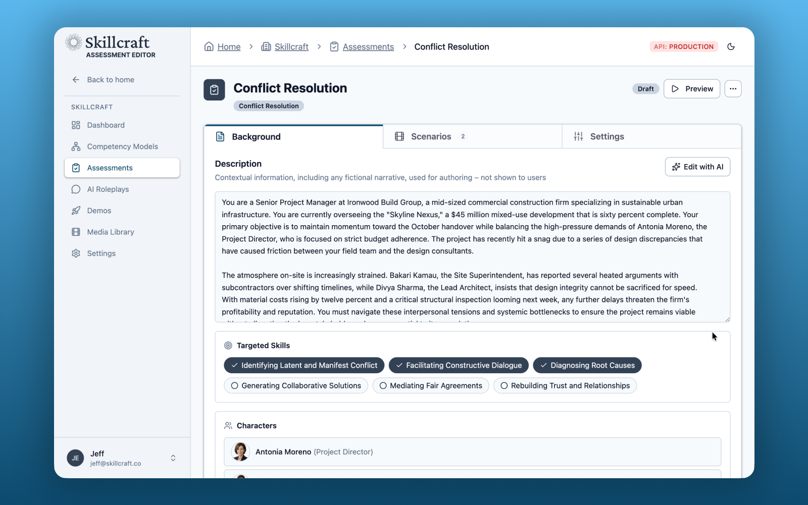 Skillcraft assessment editor showing a Conflict Resolution assessment with background narrative, targeted skills, and character setup