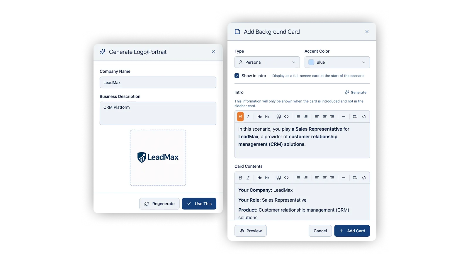 Generate Logo/Portrait modal alongside the Add Background Card editor