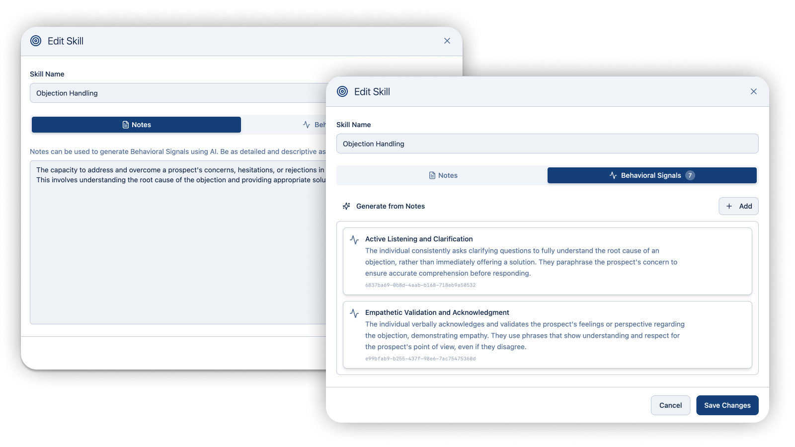Edit Skill modal showing structured Notes and Behavioral Signals tabs