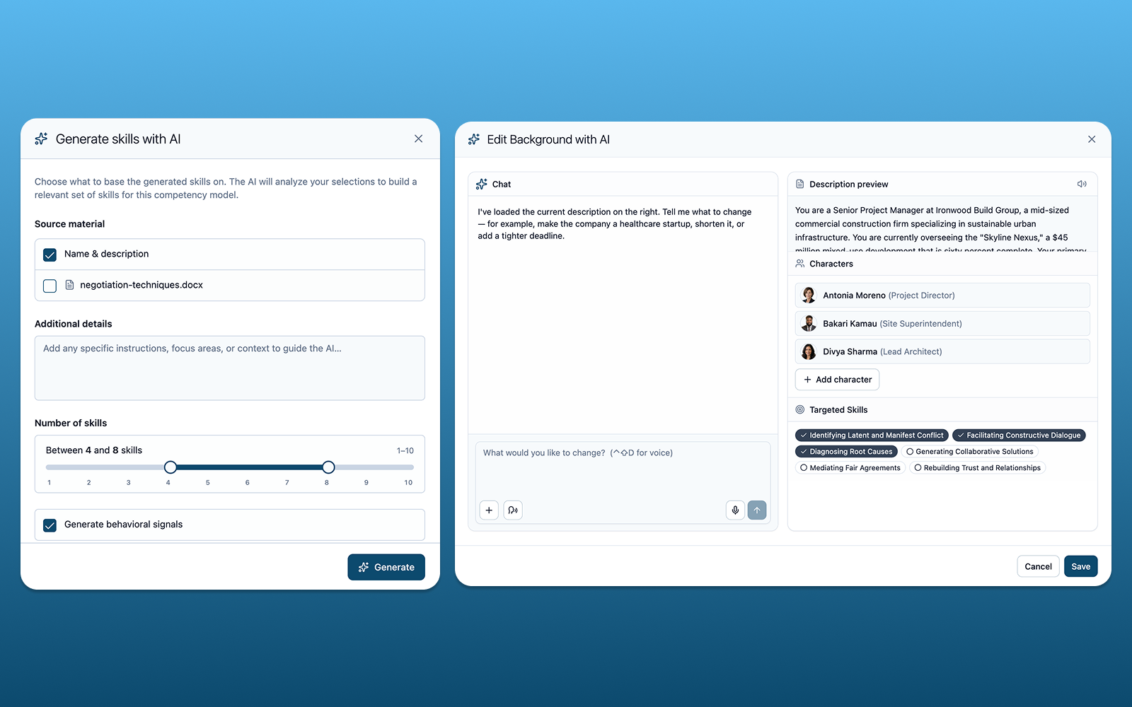 Skillcraft AI skill generation modal alongside an AI chat interface for editing background narrative