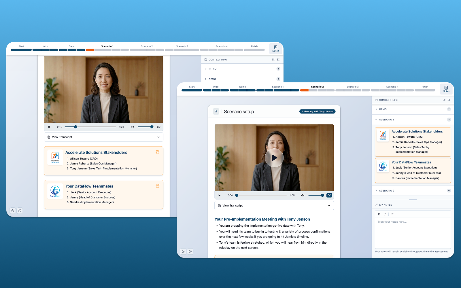 Skillcraft assessment player showing context cards, video narrator, and notes panel