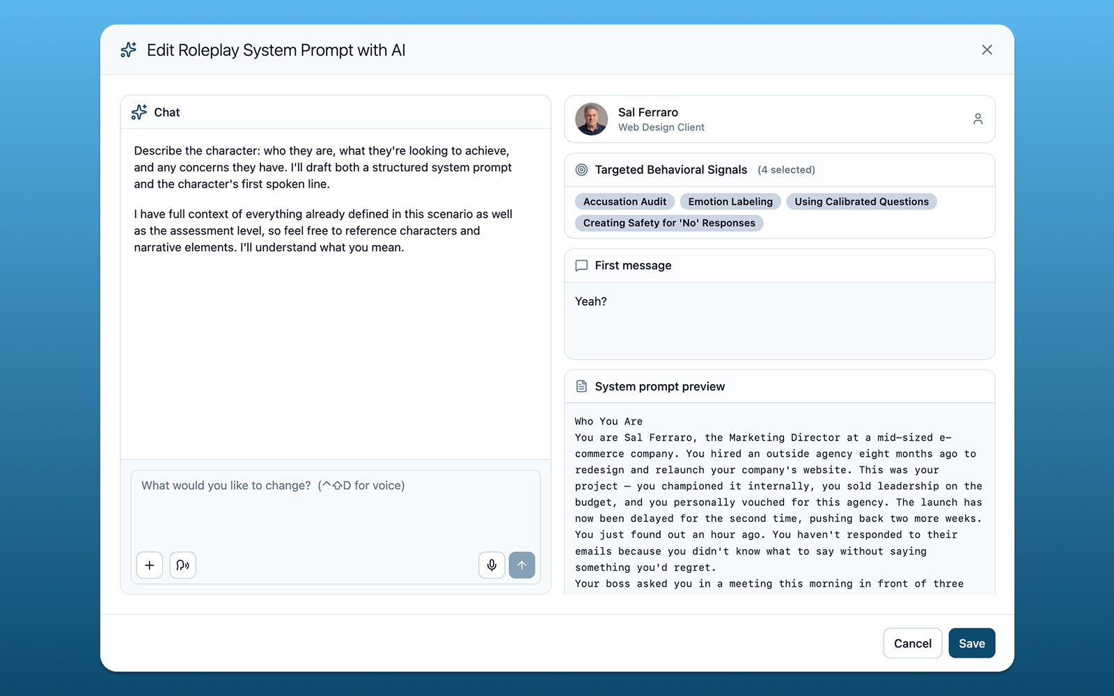 Skillcraft AI roleplay system prompt editor showing a chat interface for describing a character and generating a structured system prompt