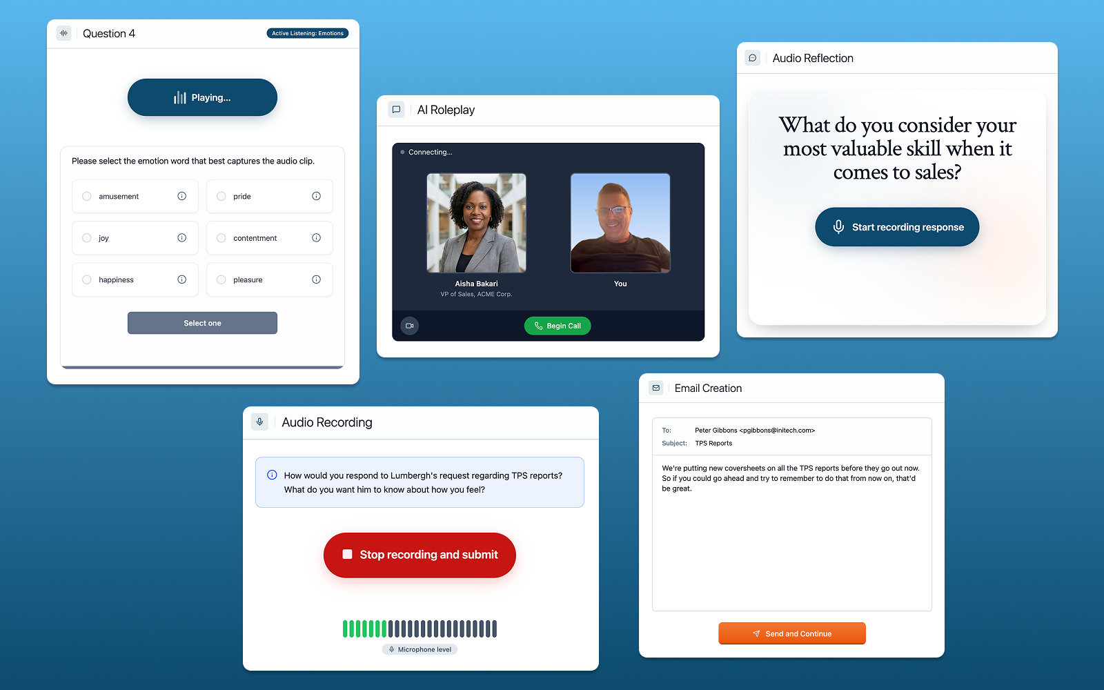 Skillcraft platform showing five simulation types: multiple choice with audio, audio reflection, AI roleplay, audio recording, and email creation