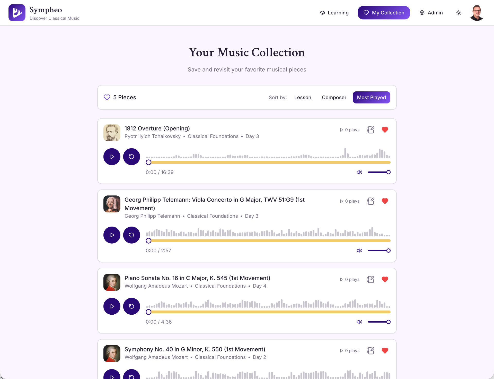 Sympheo My Collection screen — saved pieces with inline audio players, composer metadata, and sort controls