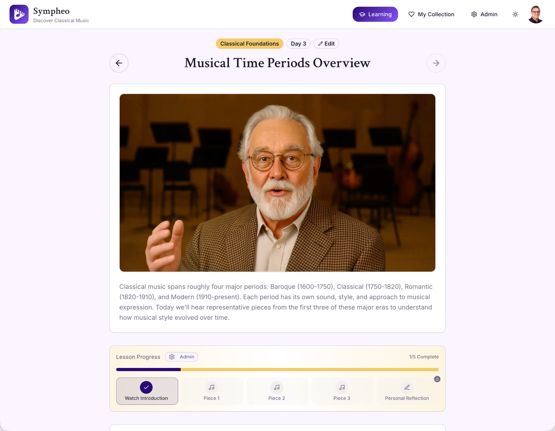 Sympheo lesson screen — Musical Time Periods Overview with video introduction and lesson progress