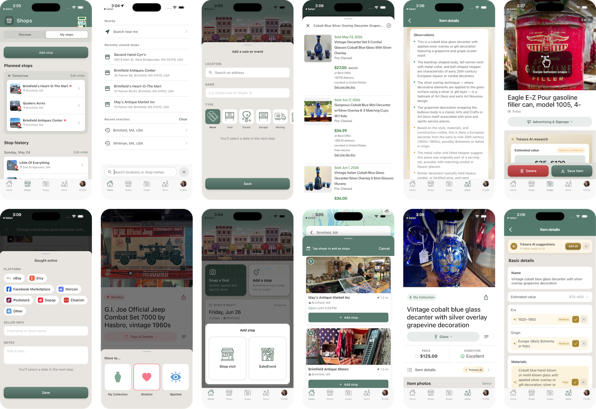 Montage of key Trésora screens spanning the entire app